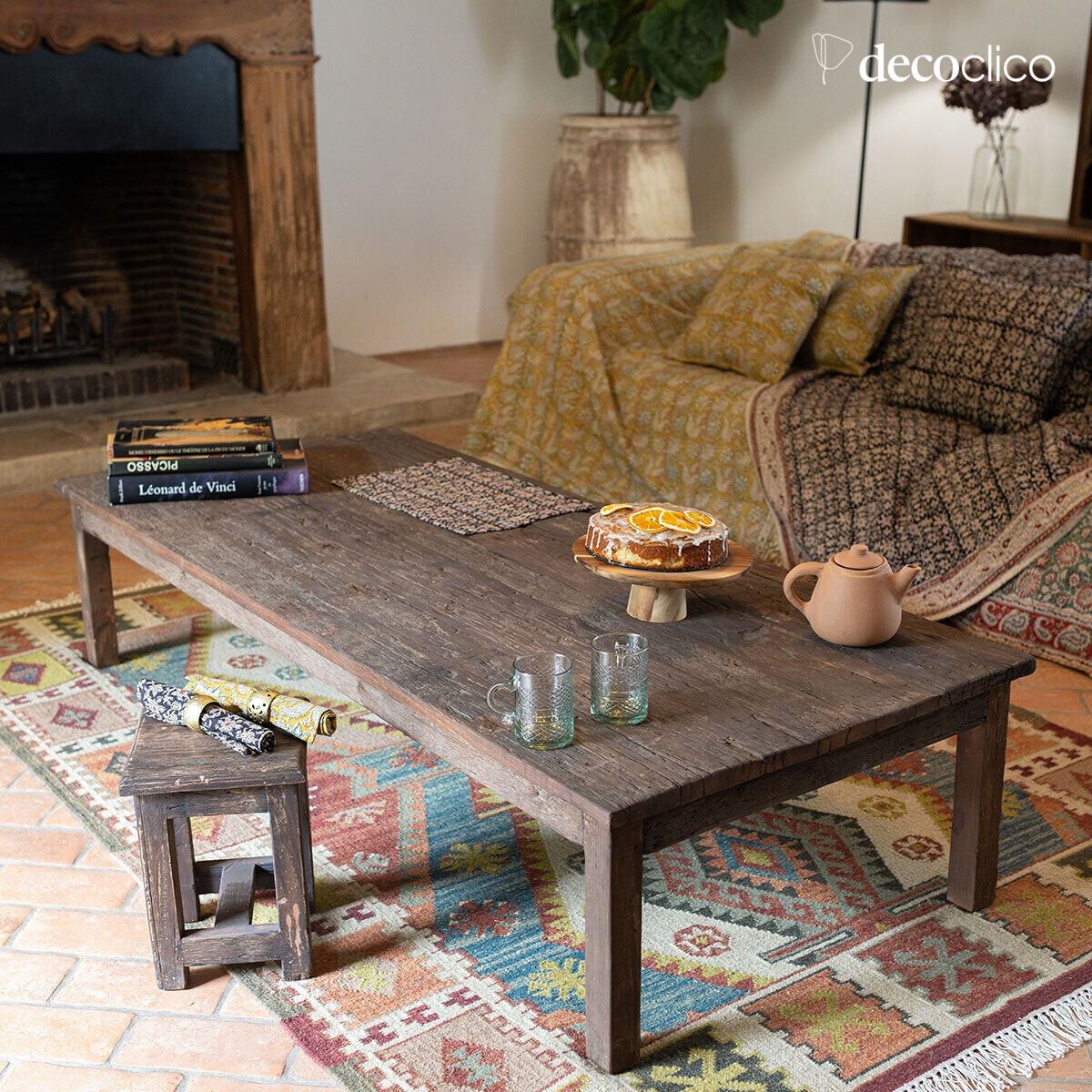 Mesa de centro rectangular de madera reciclada oscura Vermont