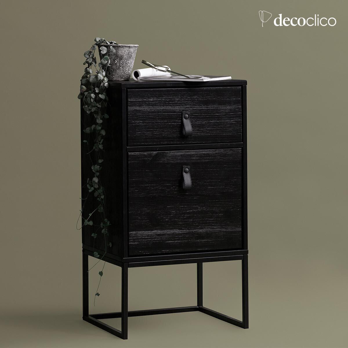 Mesita de noche de pino FSC y metal negro 1 cajón 1 puerta Zola