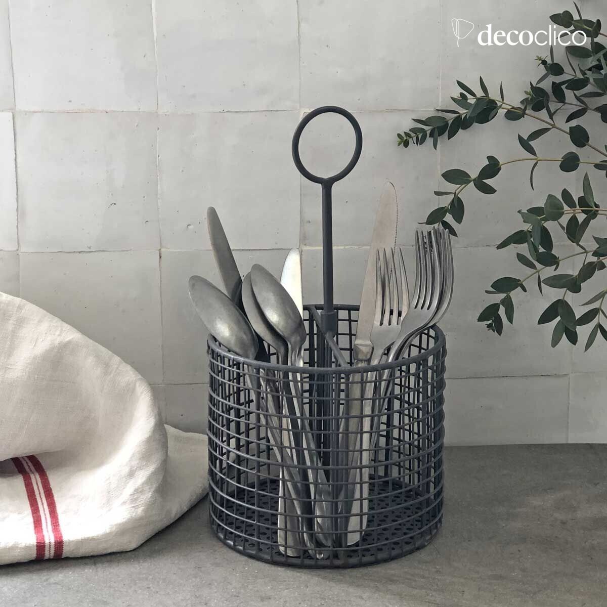 Metal cutlery holder in anthracite finish with 2 compartments and handle Greed