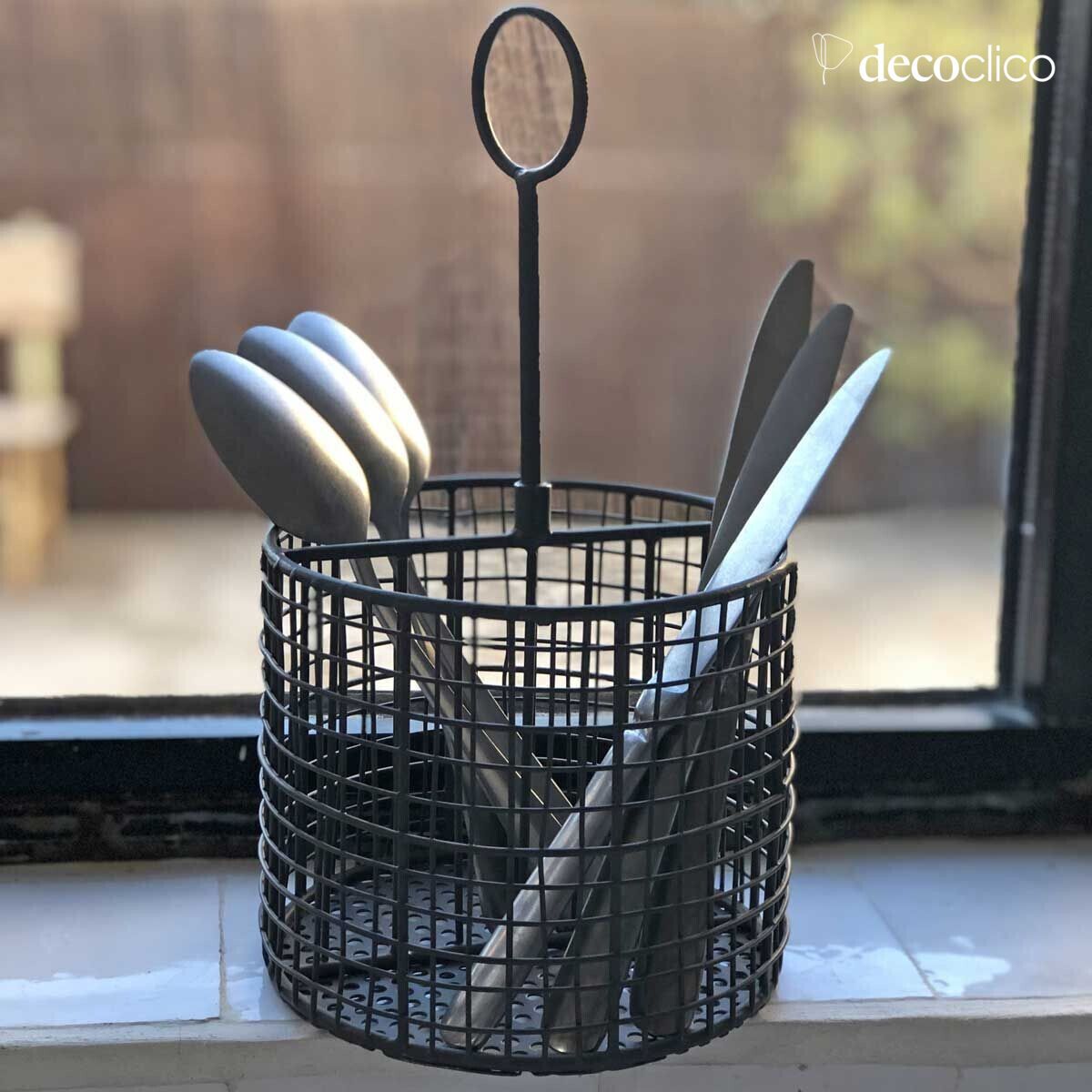 Metal cutlery holder in anthracite finish with 2 compartments and handle Greed