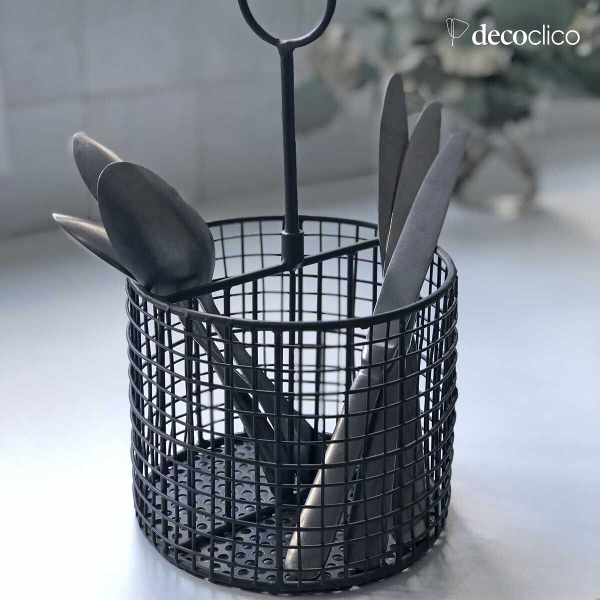 Metal cutlery holder in anthracite finish with 2 compartments and handle Greed