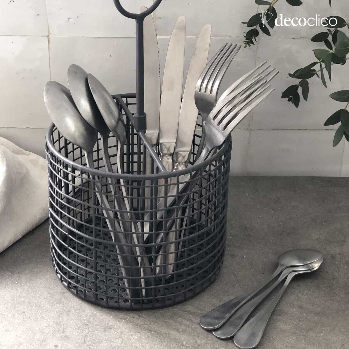 Metal cutlery holder in anthracite finish with 2 compartments and handle Greed