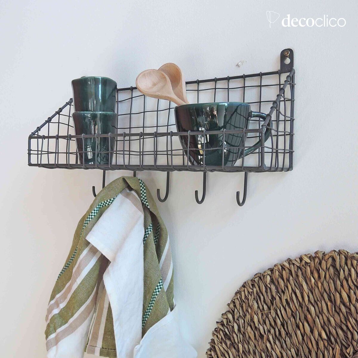 Metal mesh wall shelf with 5 hooks Greed