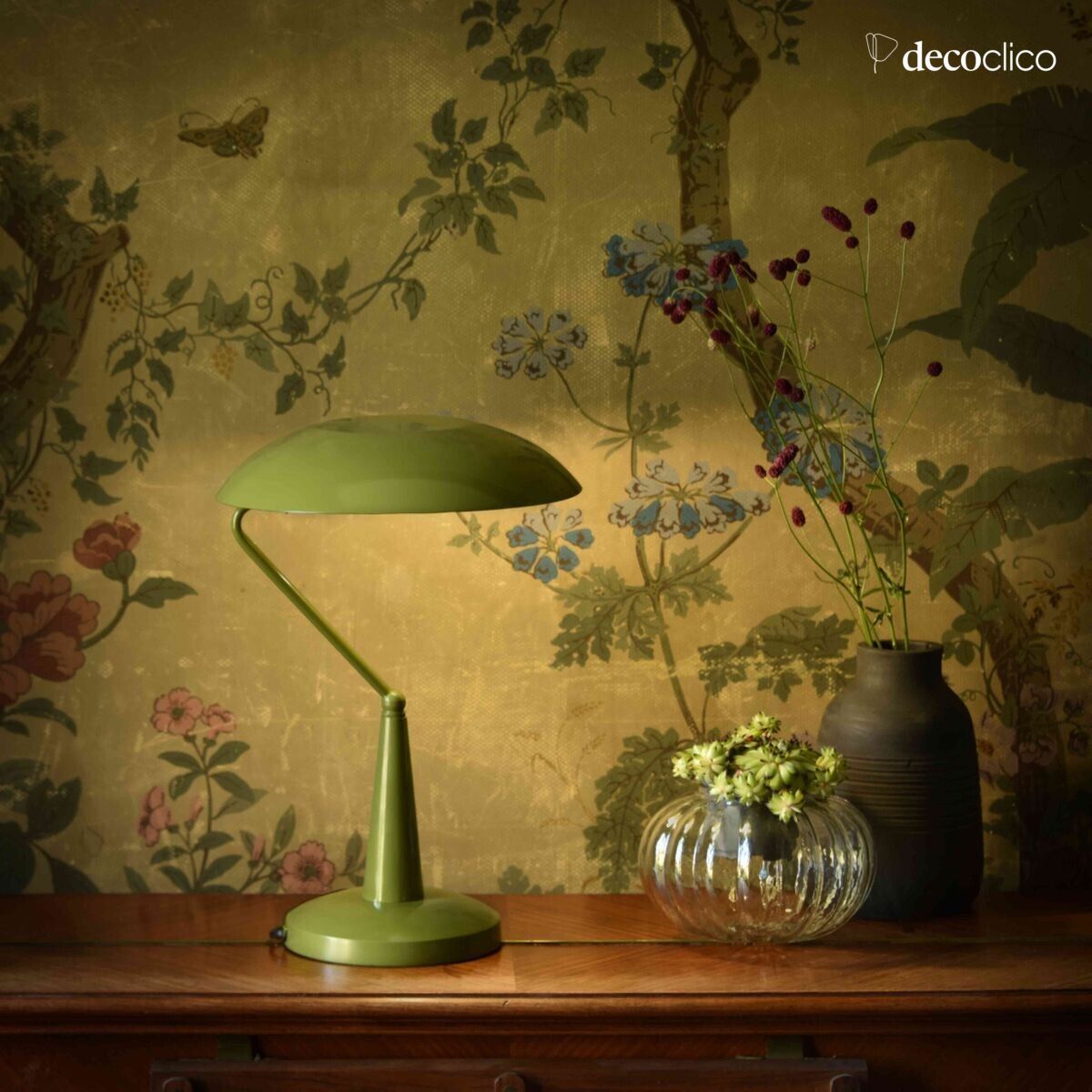 Metalen bureaulamp met groene schotelvormige kap Parker