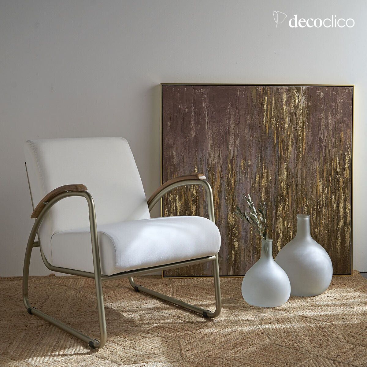 Metallstuhl mit Teakholzgriffen und Vintage-Stoff