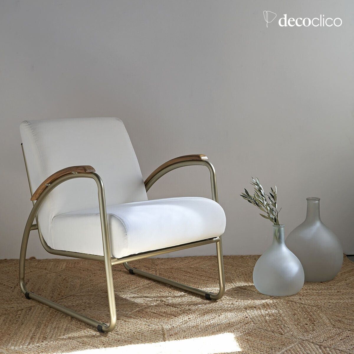 Metallstuhl mit Teakholzgriffen und Vintage-Stoff