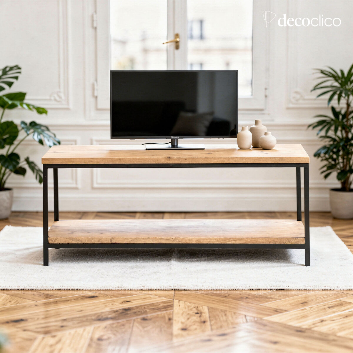 Meuble TV double plateau en manguier et métal noir Brooke