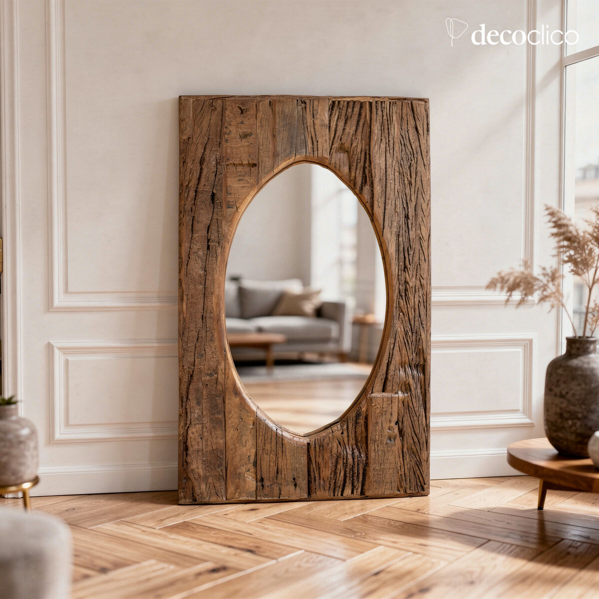 Miroir ovale avec cadre en bois recyclé Pamir