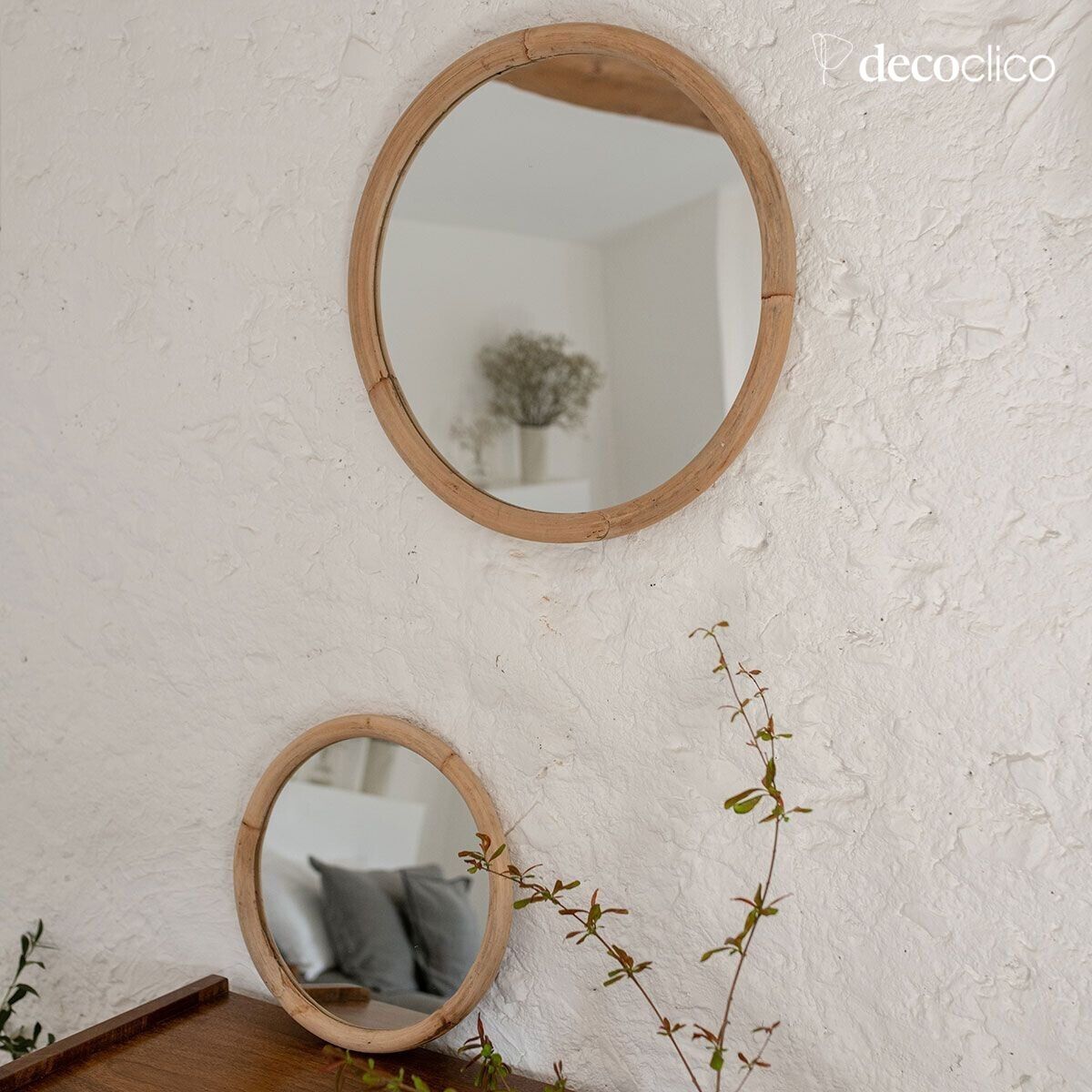 Miroir rond cadre en rotin blond 35 cm