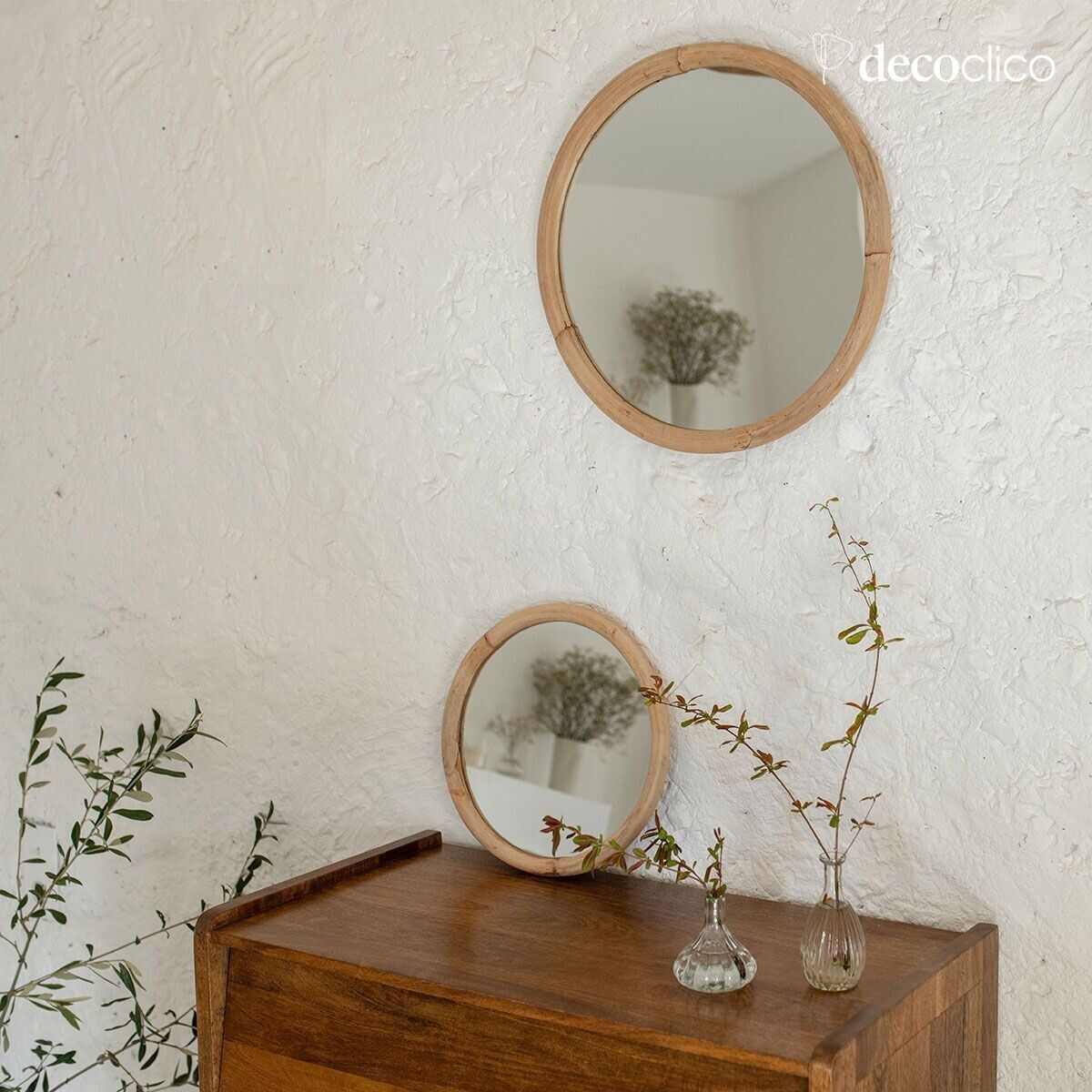 Miroir rond cadre en rotin blond 35 cm
