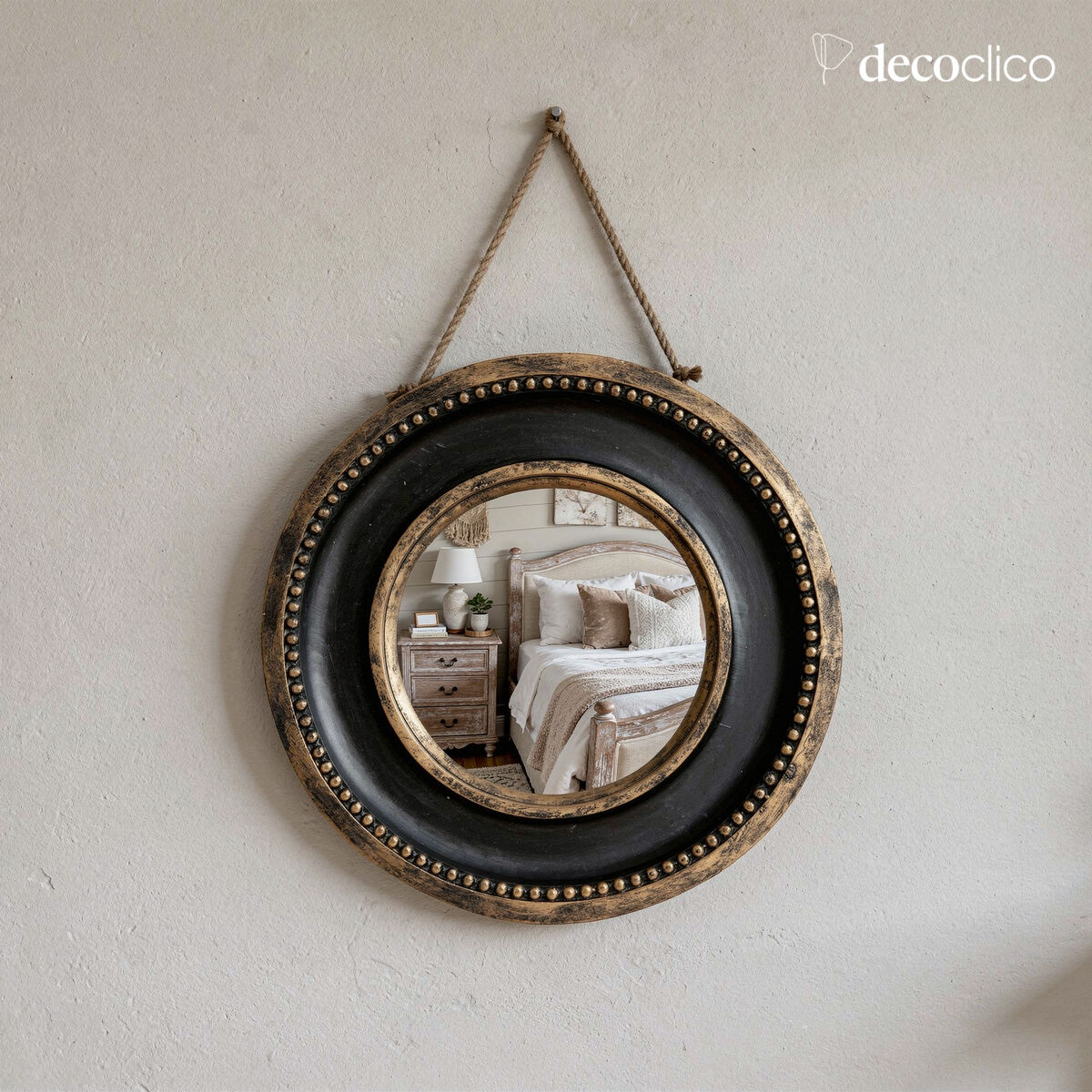 Miroir rond convexe oeil de sorcière large contour ton charbon et doré mat