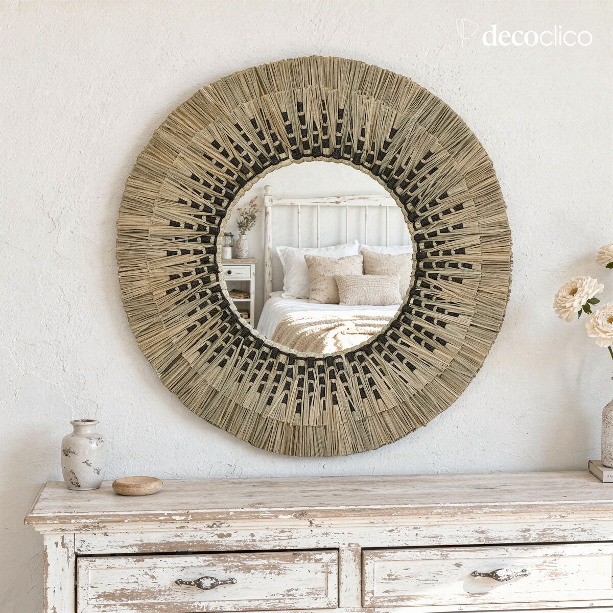 Miroir rond en paille de mendong naturel et noir 60 cm  Sorong