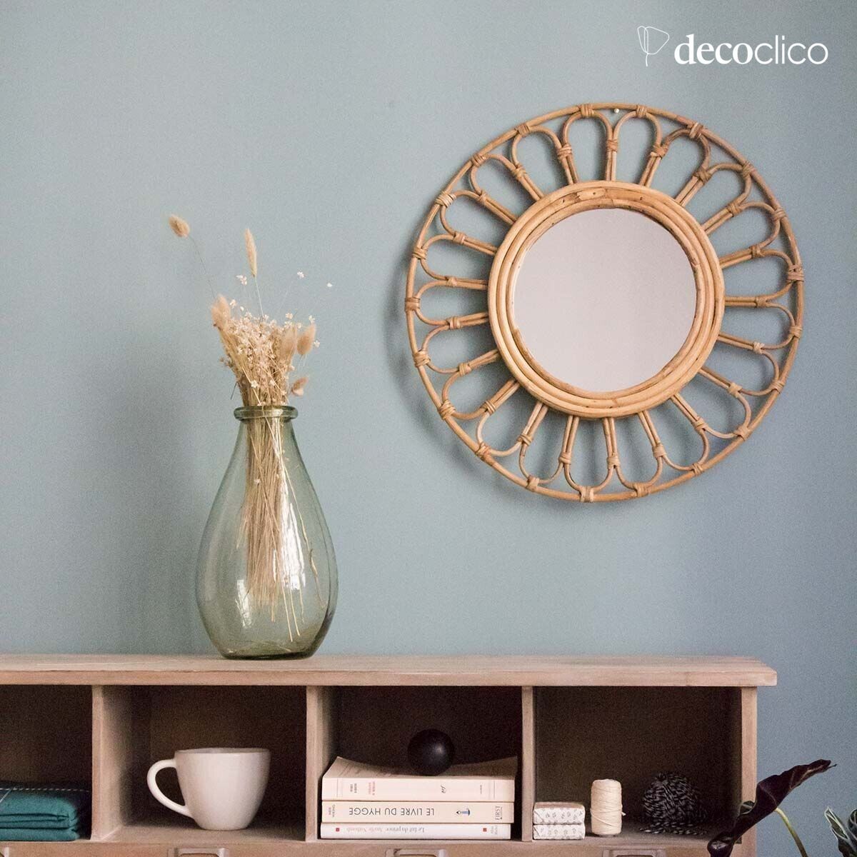 Miroir rond fleur vintage en rotin naturel 45 cm  Moka