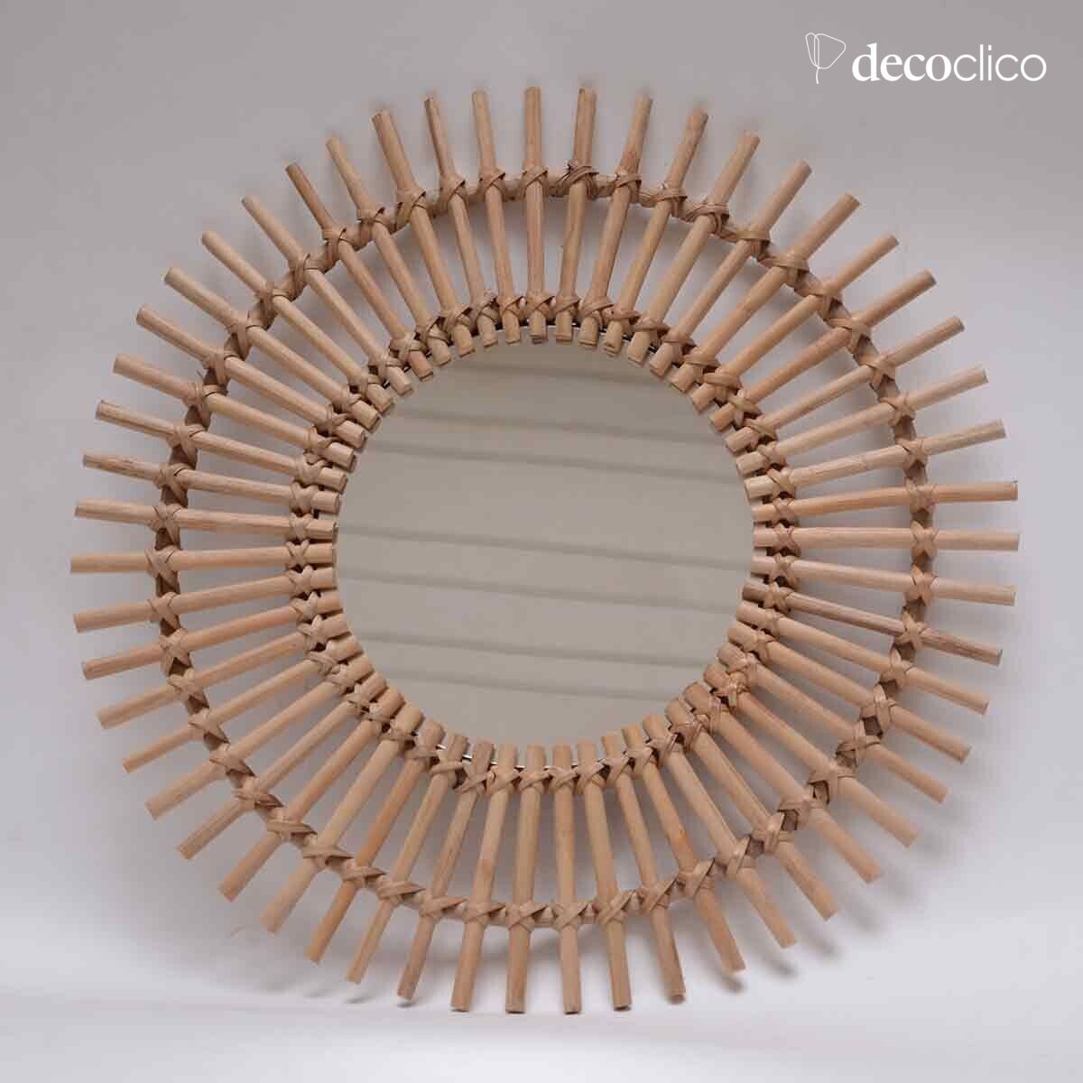 Miroir rond soleil vintage en rotin naturel 56 cm  Moka