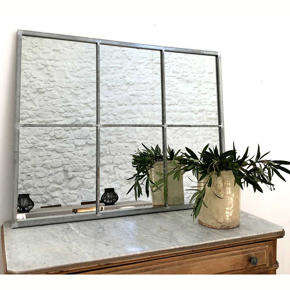 Miroir verrière rectangulaire en métal finition zinc 110 x 85 cm Bréhat