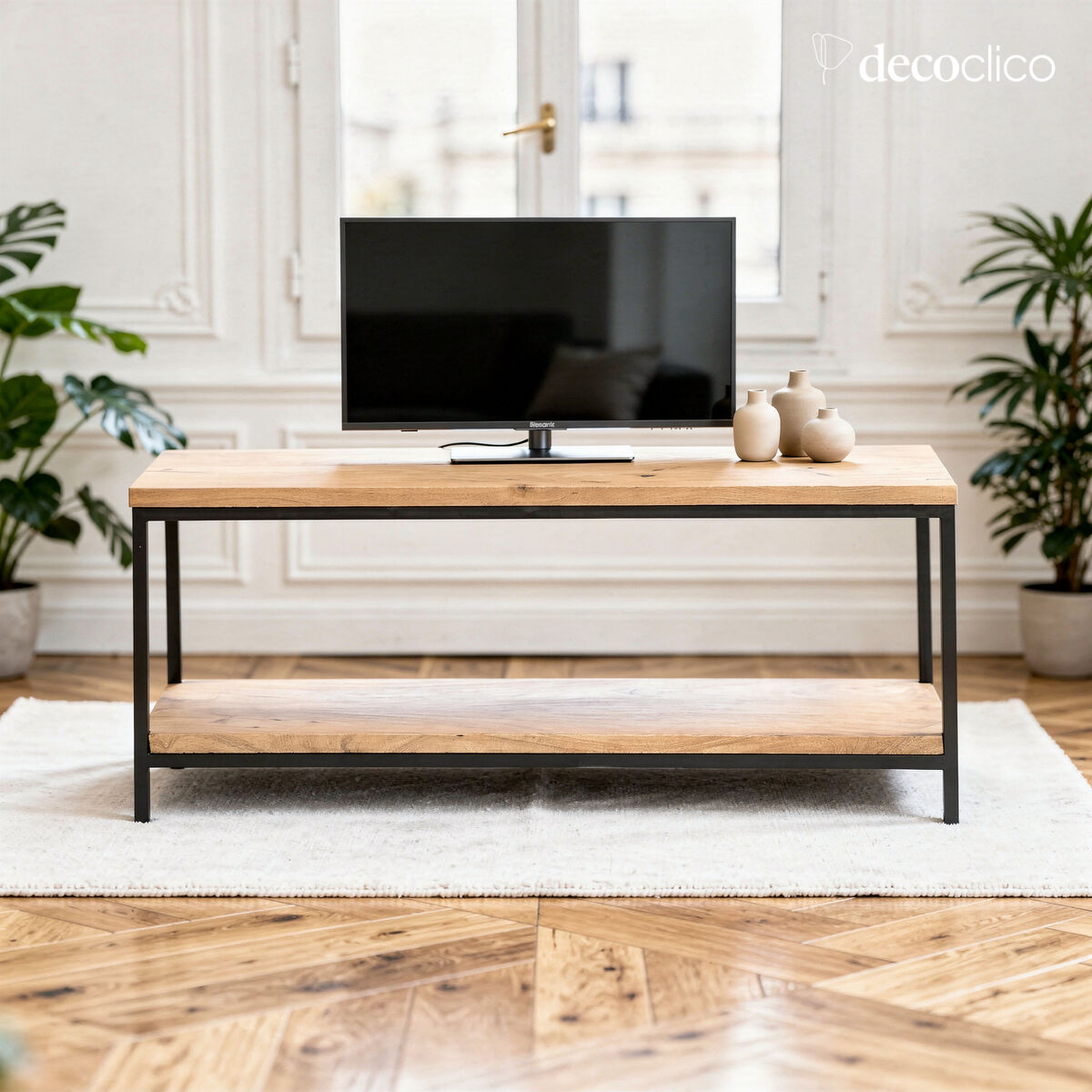 Mobile o panca TV in metallo nero, doppio ripiano in legno di mango Brooke