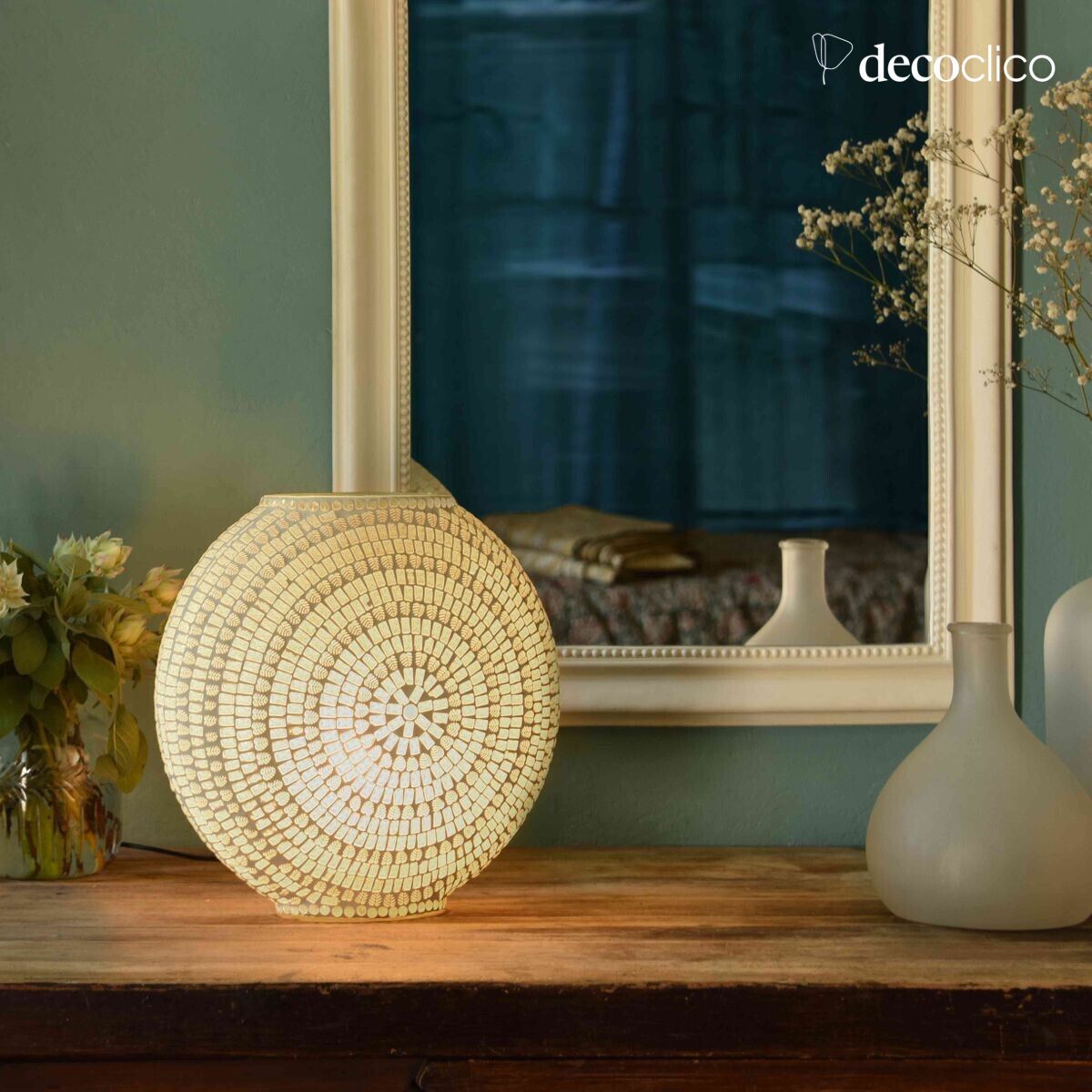 Mosaikglas-Tischlampe rund - weiß Bangalore