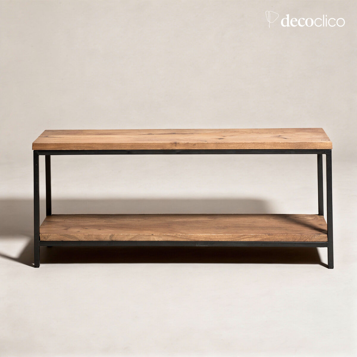 Mueble o banco de TV de metal negro con bandeja doble de madera de mango Brooke