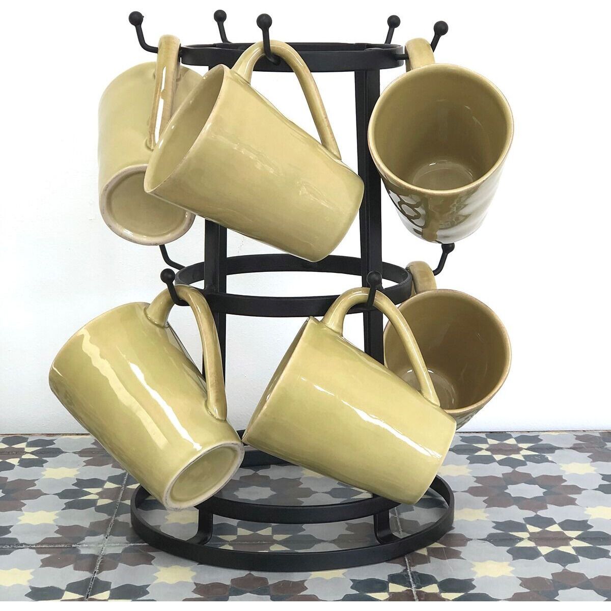 Mug tree / tabletop mug rack with 10 branches, black metal