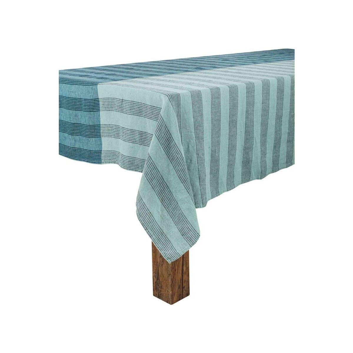 Nappe en lin lavé rayé Porto Bleu de Prusse 160 x 250 cm Haomy