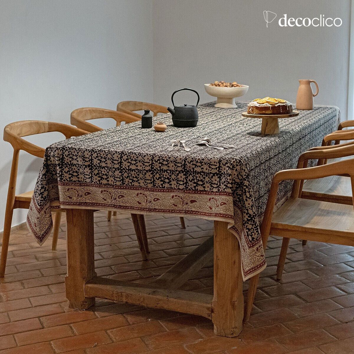 Nappe rectangulaire en coton block print fait main dominante charbon Pamir