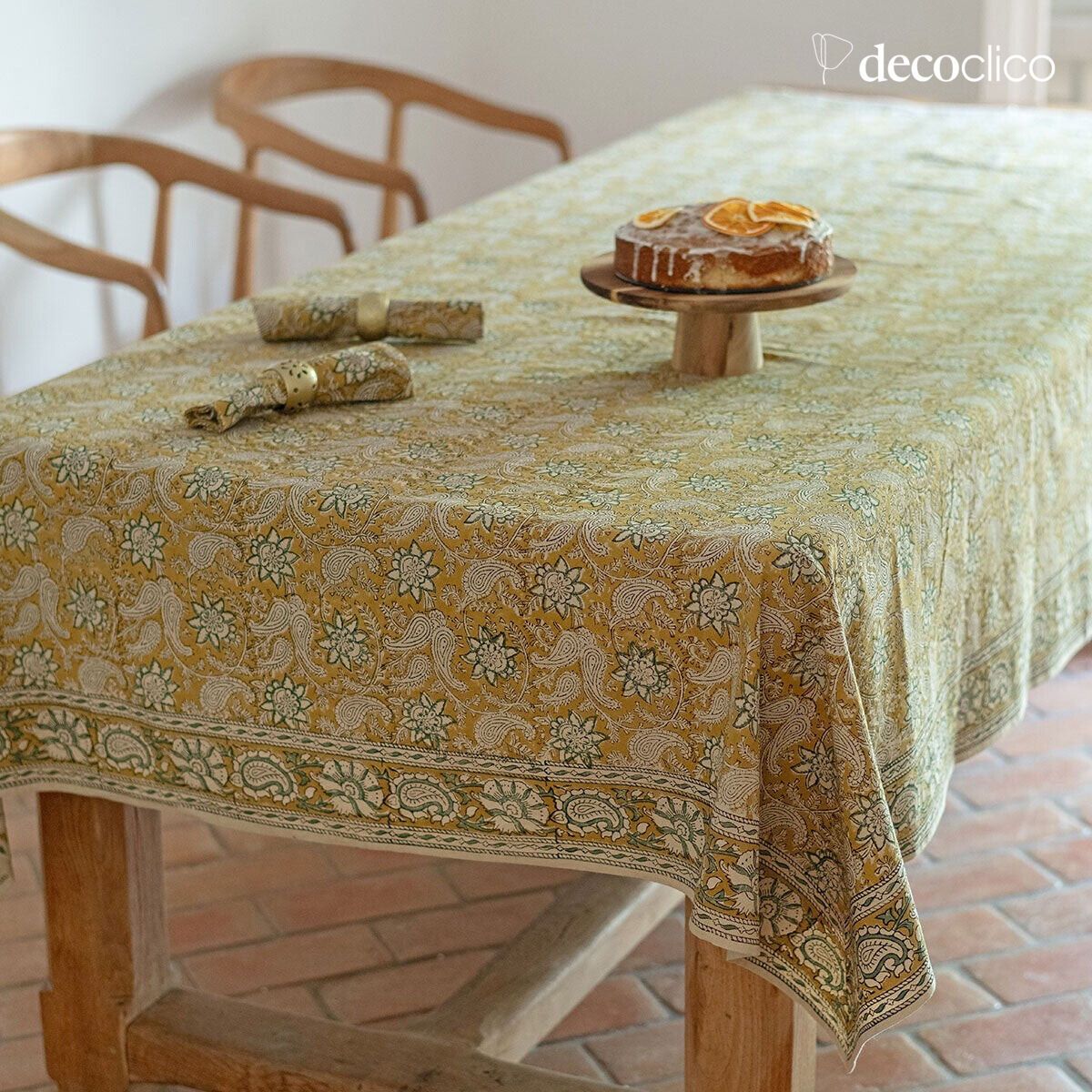 Nappe rectangulaire en coton block print fait main dominante jaune Pamir