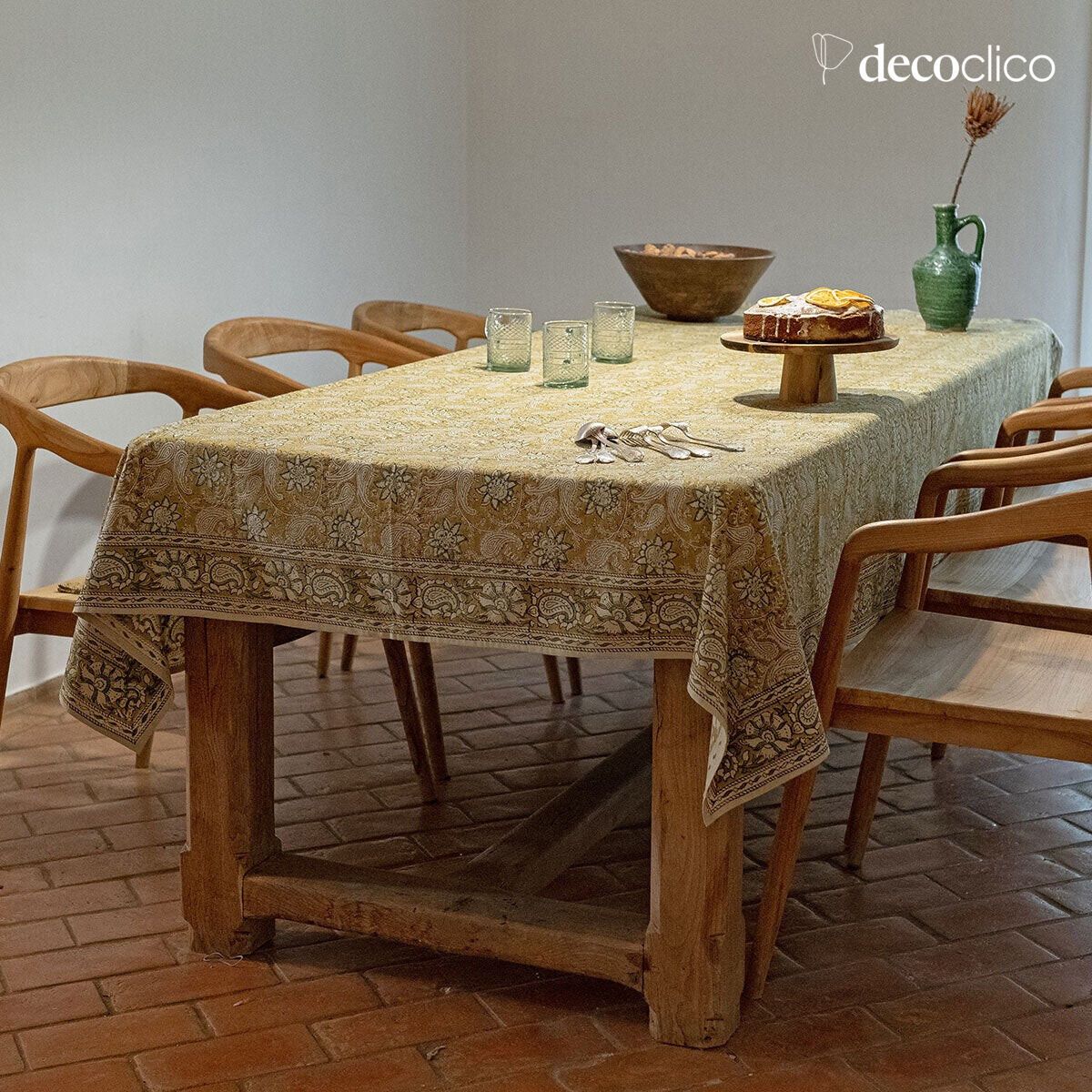 Nappe rectangulaire en coton block print fait main dominante jaune Pamir