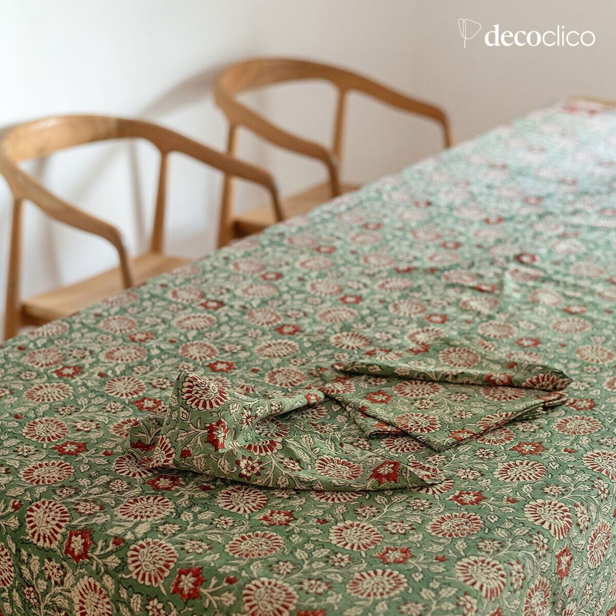 Nappe rectangulaire en coton block print fait main dominante vert Pamir