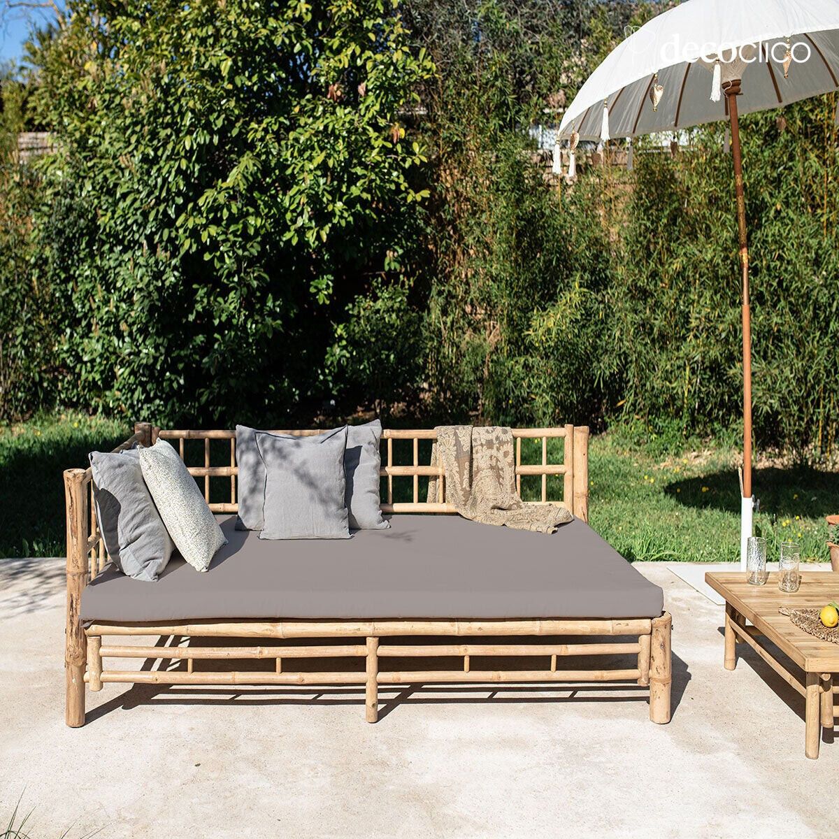 Natural bamboo chaise longue gray outdoor cushion Left side Taman