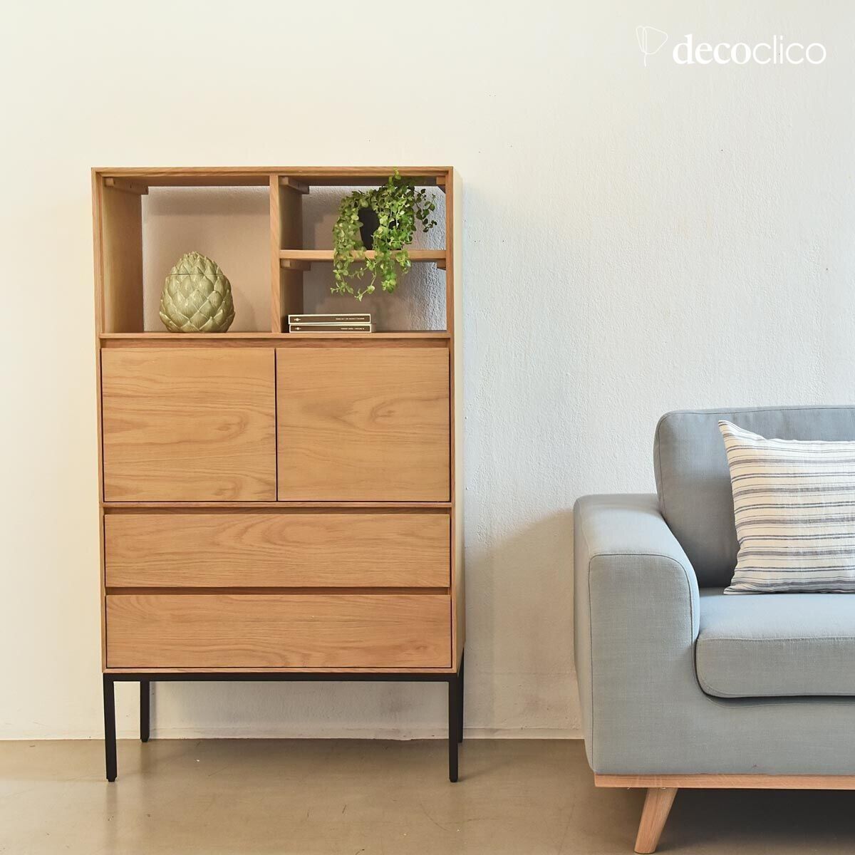 Oak veneer bookcase with matt black metal legs Soho