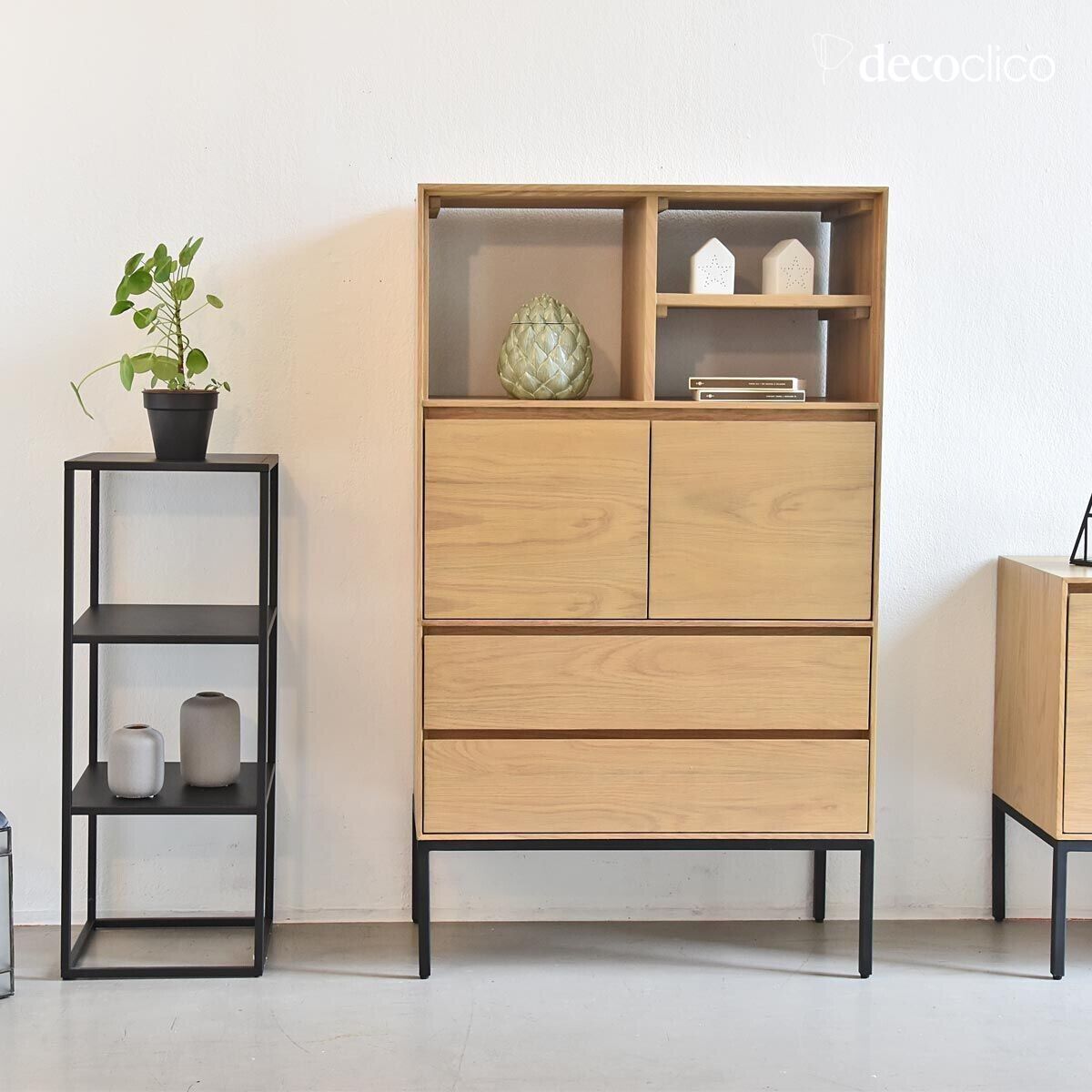 Oak veneer bookcase with matt black metal legs Soho