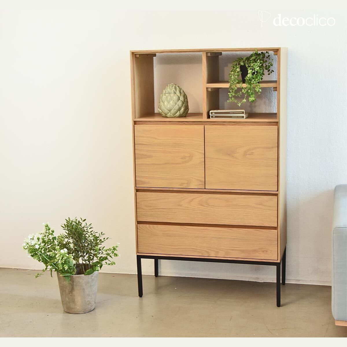 Oak veneer bookcase with matt black metal legs Soho