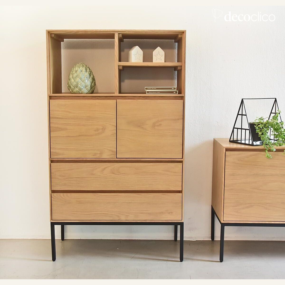 Oak veneer bookcase with matt black metal legs Soho