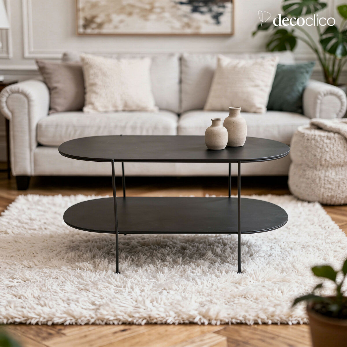 Oval double-level coffee table in matt black metal