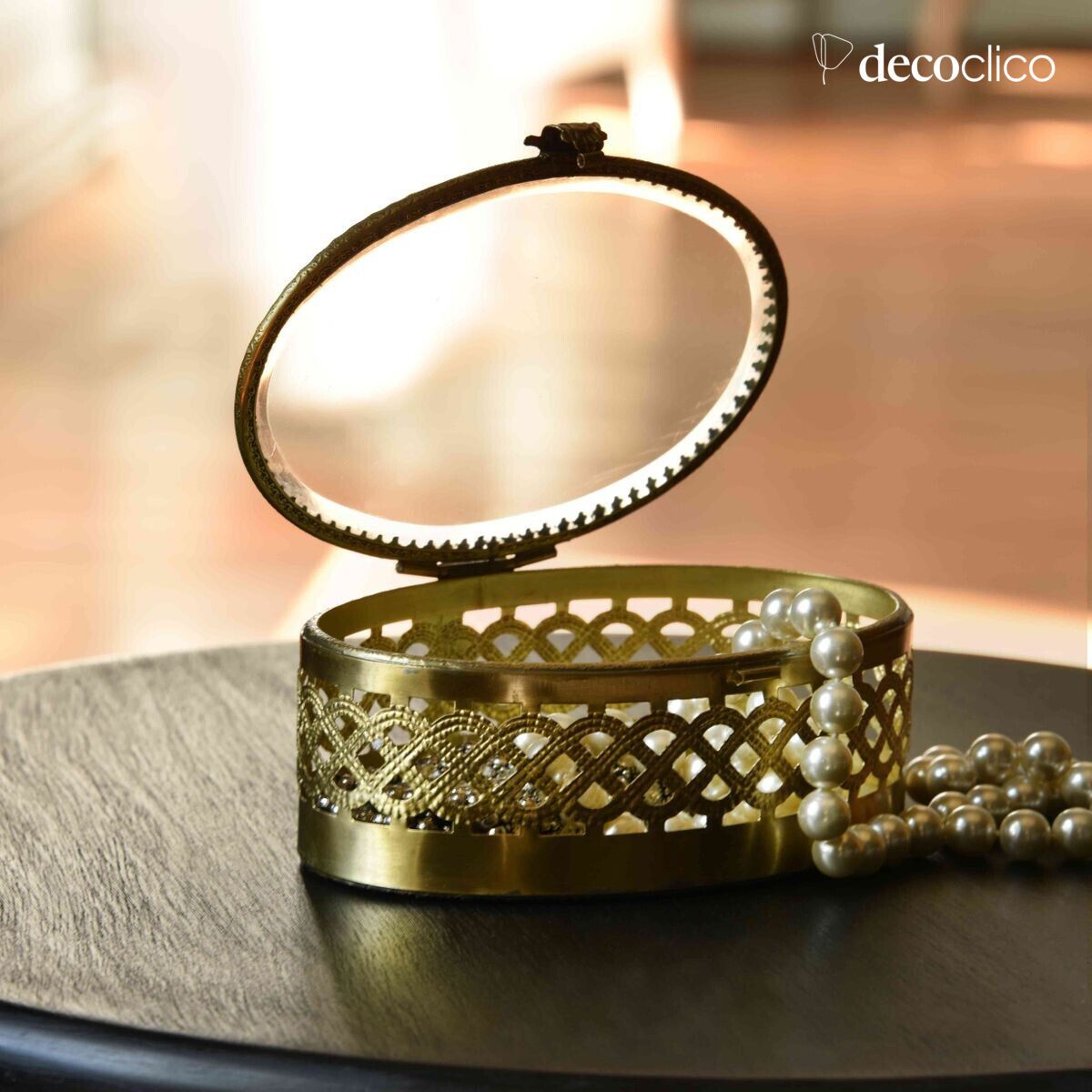 Ovale Schmuckschatulle aus Glas und Metall in antikem Messing Anastasie