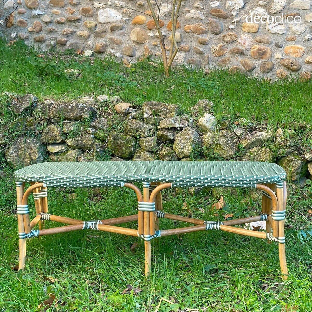 Panca da bistrot in rattan e resina intrecciata verde e bianca Belleville