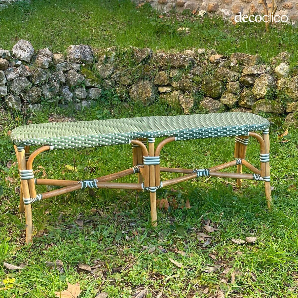 Panca da bistrot in rattan e resina intrecciata verde e bianca Belleville