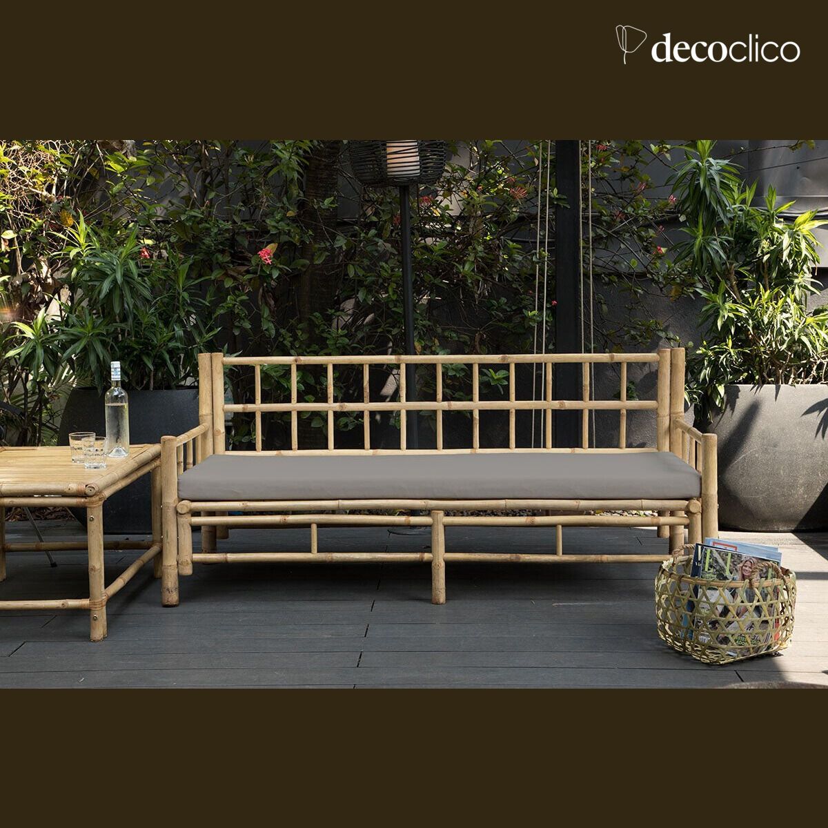 Panca da giardino in bambù naturale con cuscino grigio per esterni Taman
