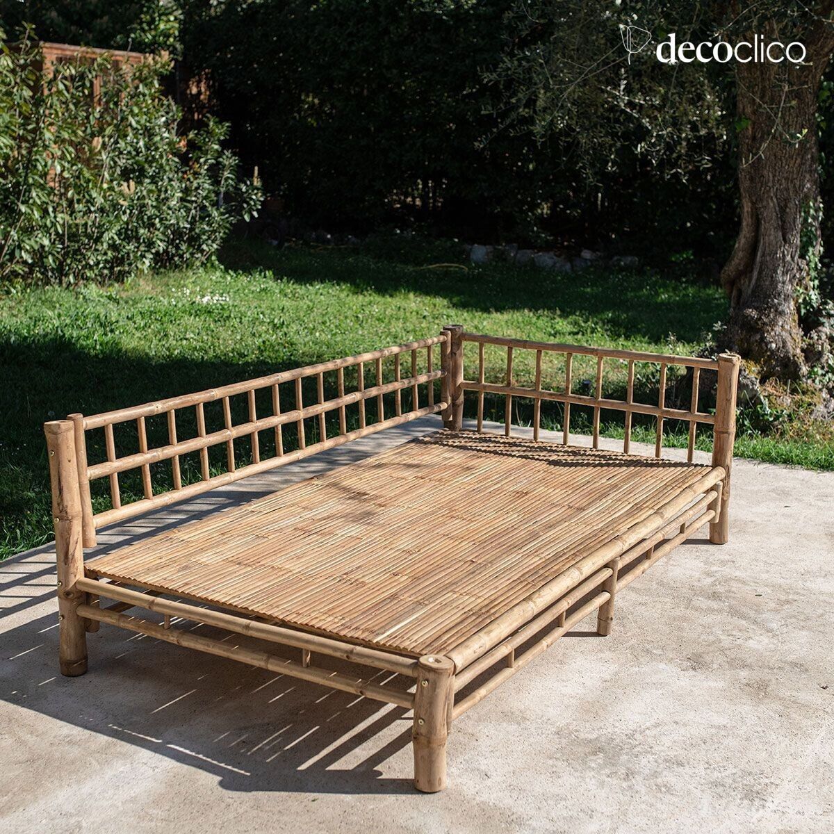 Panca da giardino meridienne in bambù naturale con cuscino écru, Lato sinistro Taman