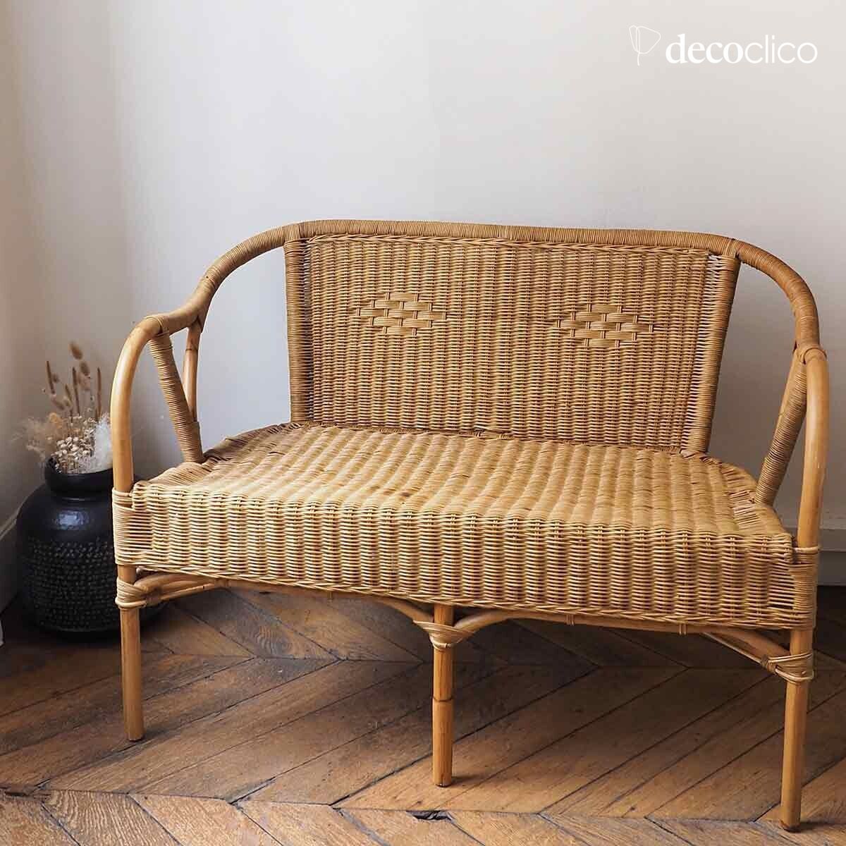 Panca in rattan naturale con braccioli e seduta intrecciata Cabourg