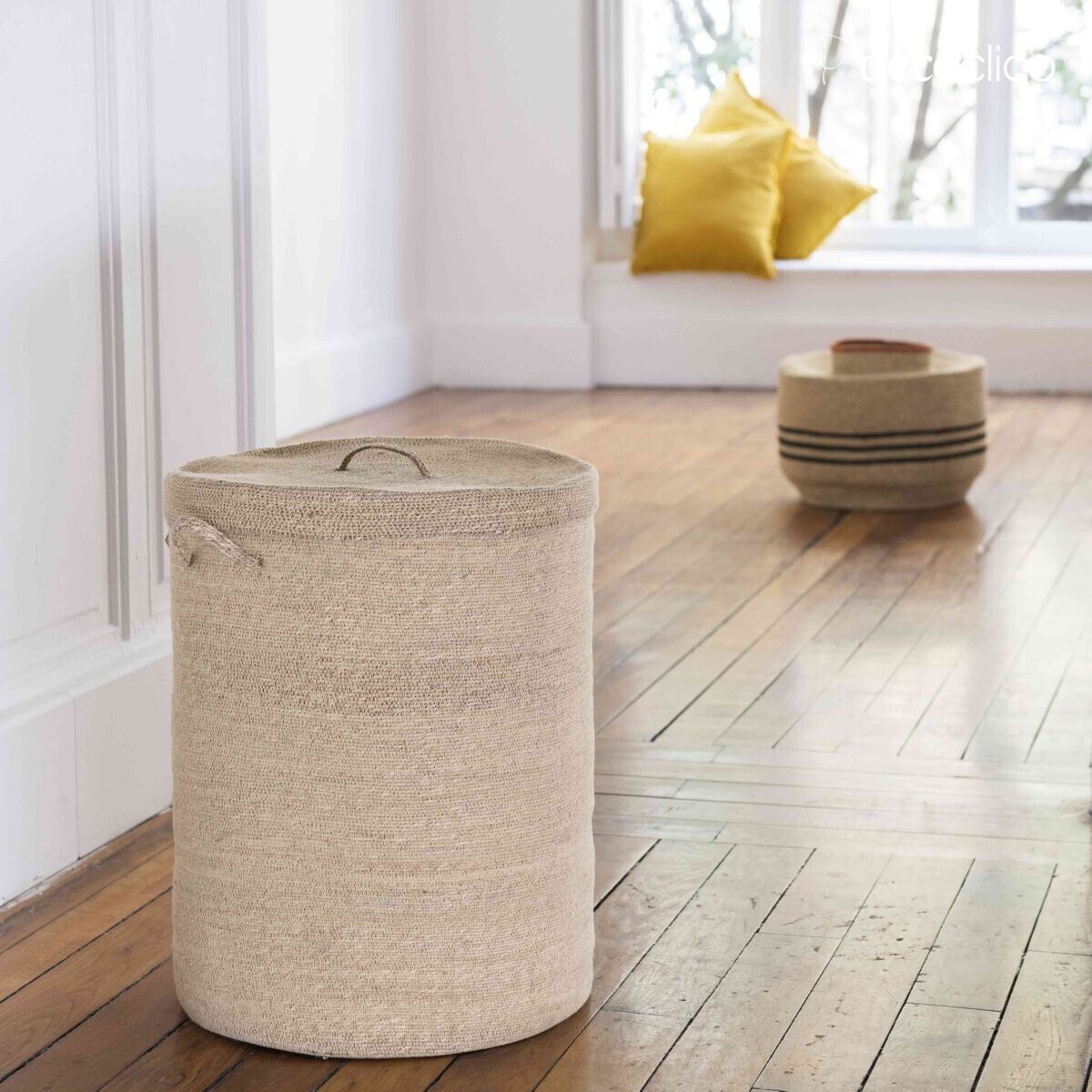 Panier à linge en jonc de mer naturel avec couvercle Bayadère Casatera