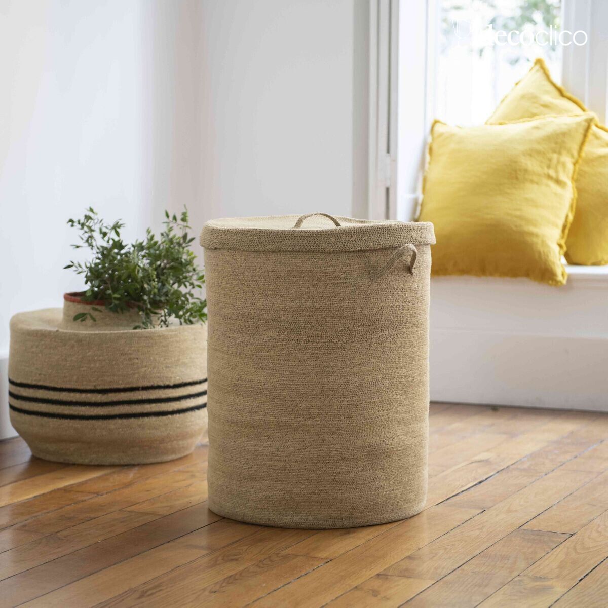 Panier à linge en jonc de mer naturel avec couvercle Bayadère Casatera