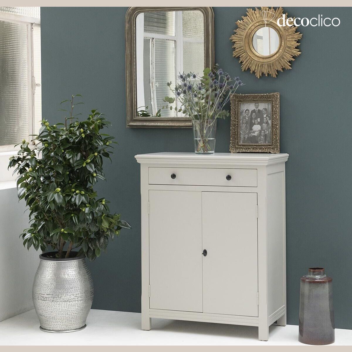 Pariser Sideboard 2 Türen 1 Schublade aus Seekiefer hellgrau Léandre