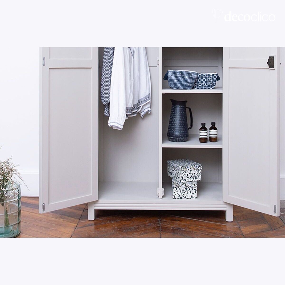 Parisian wardrobe, light gray, 2 doors, shelves Léandre