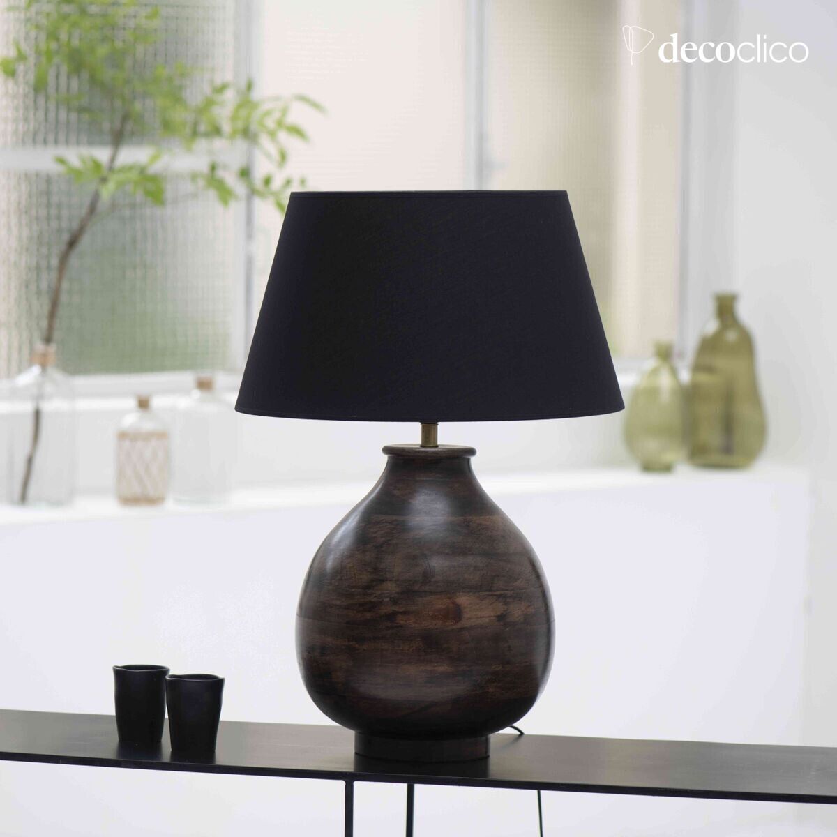 Pied de lampe poire en manguier massif sombre