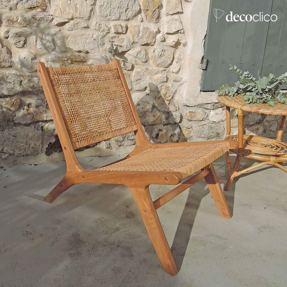 Poltrona bassa lounge in teak e intreccio in rattan Alberto