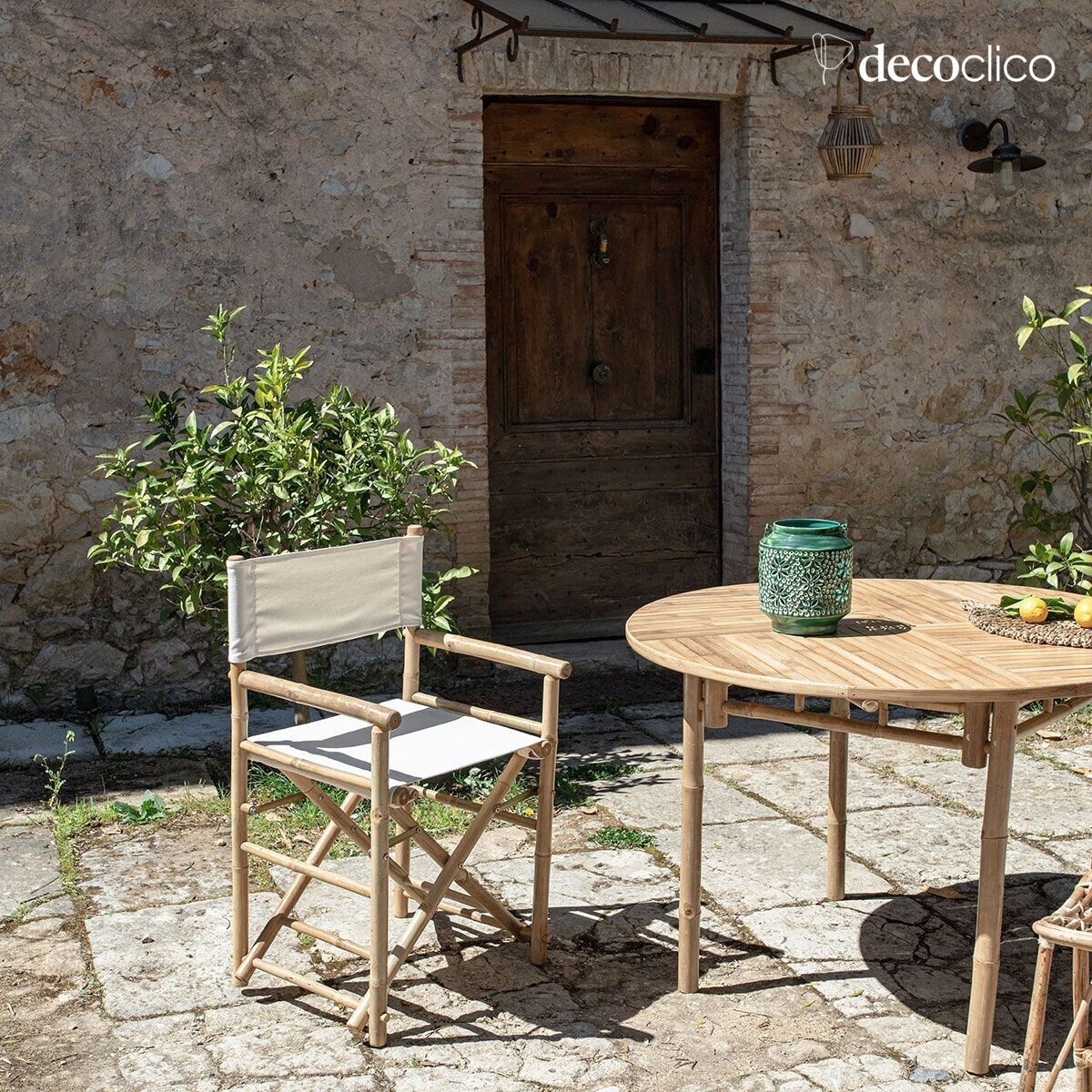 Poltrona da regista in bambù naturale con tessuto color crema Taman