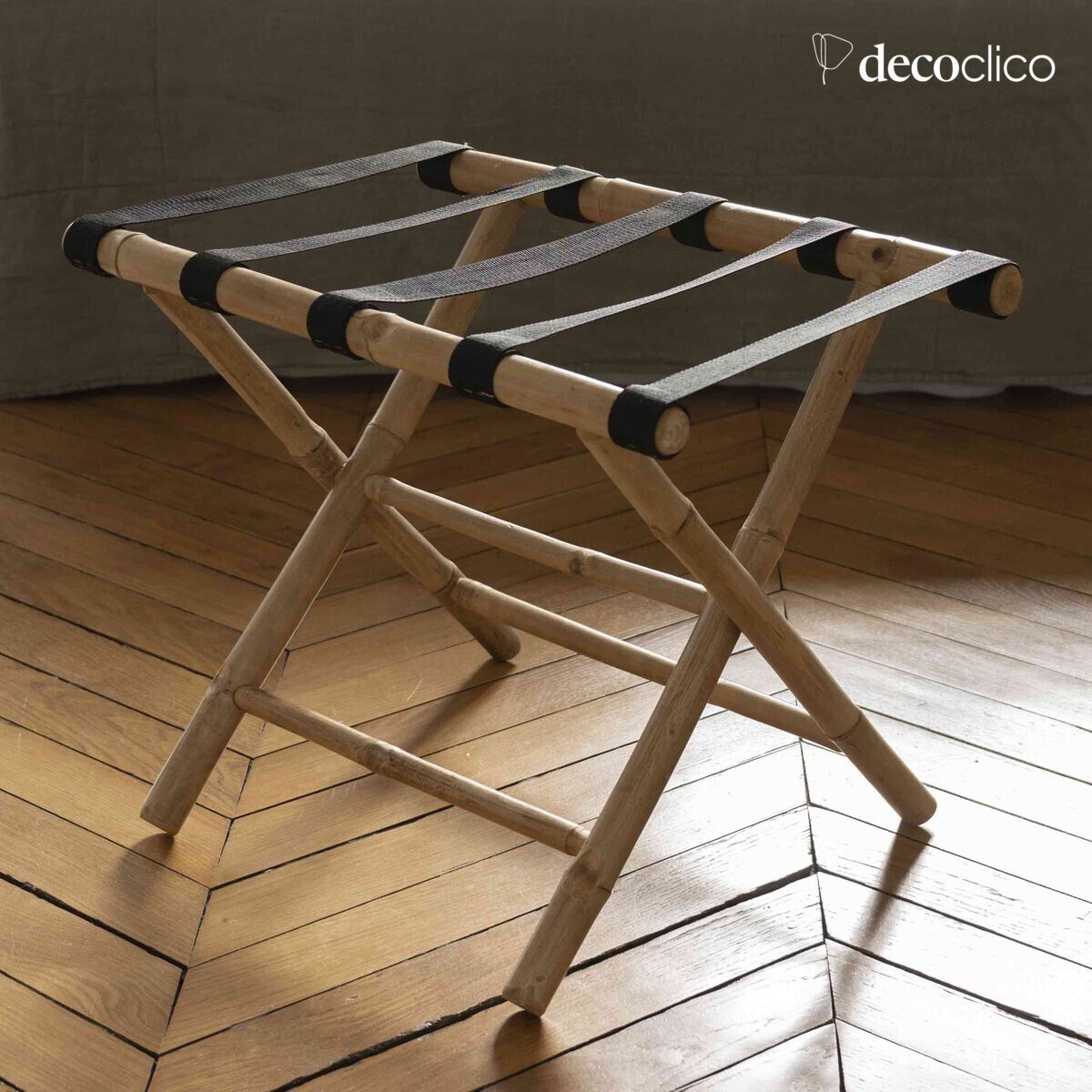 Porta valigia pieghevole in bambù e 4 cinghie in tessuto nero Taman