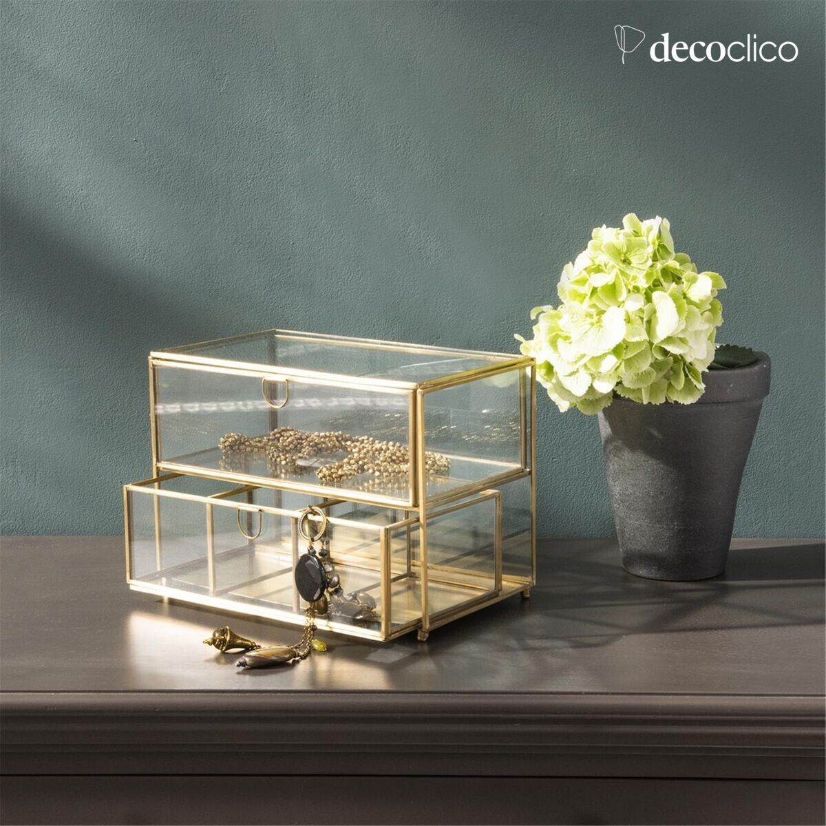 Portagioie con scomparti 2 cassetti in vetro e metallo finitura ottone anticato Mira