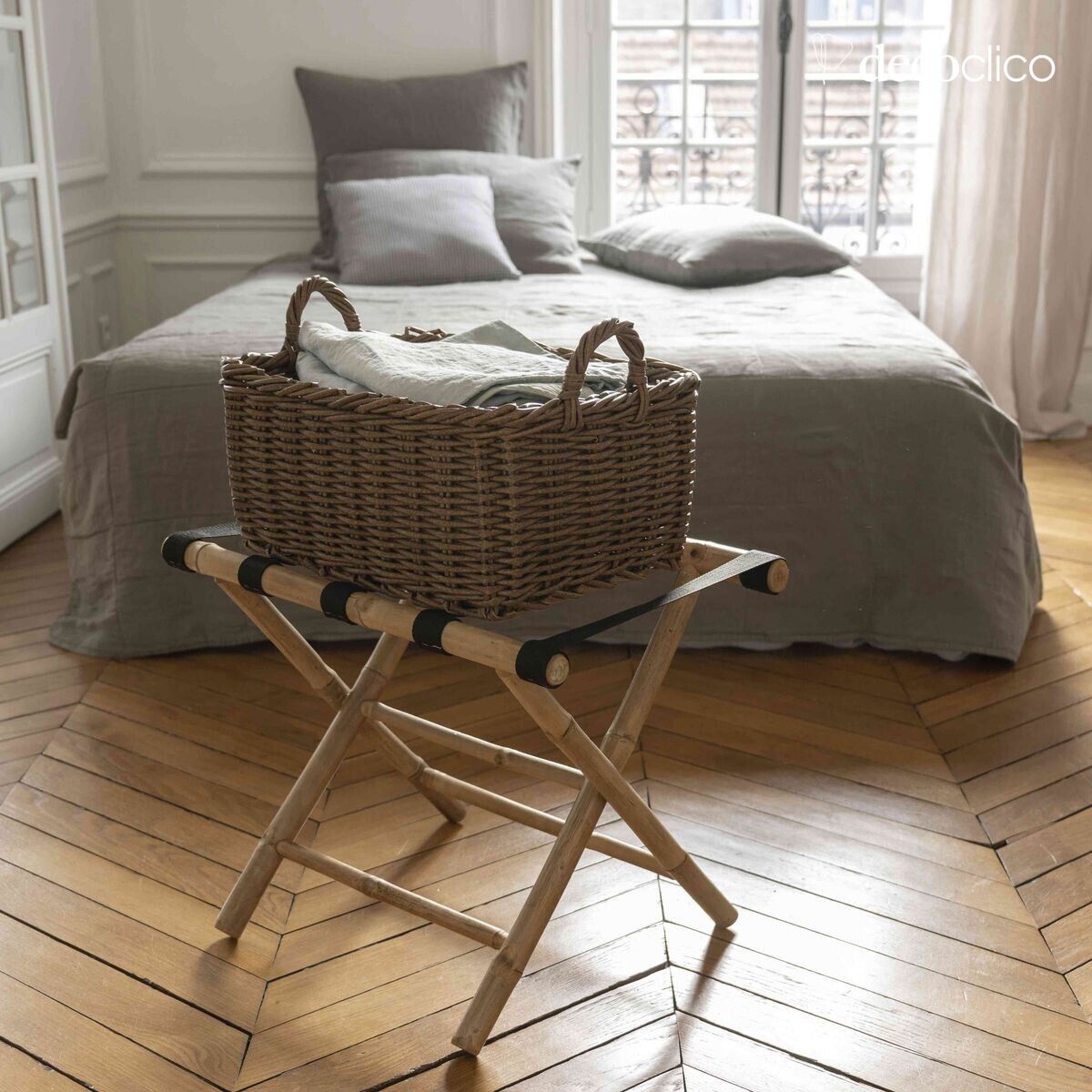 Porte-valise pliant en bambou et 4 sangles en tissu noir Taman